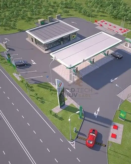 Station-service, vue aérienne. Abri, pompes et local technique