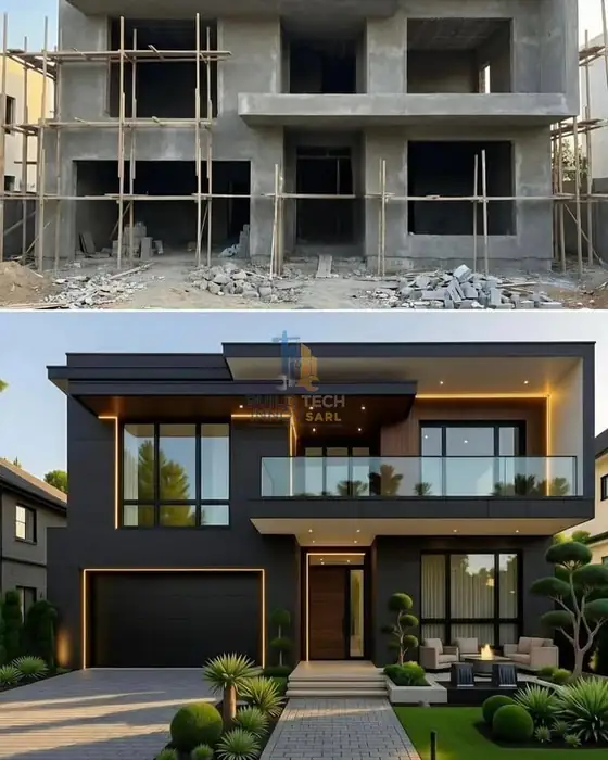 Residence before and after the works, from bare structure to finished project